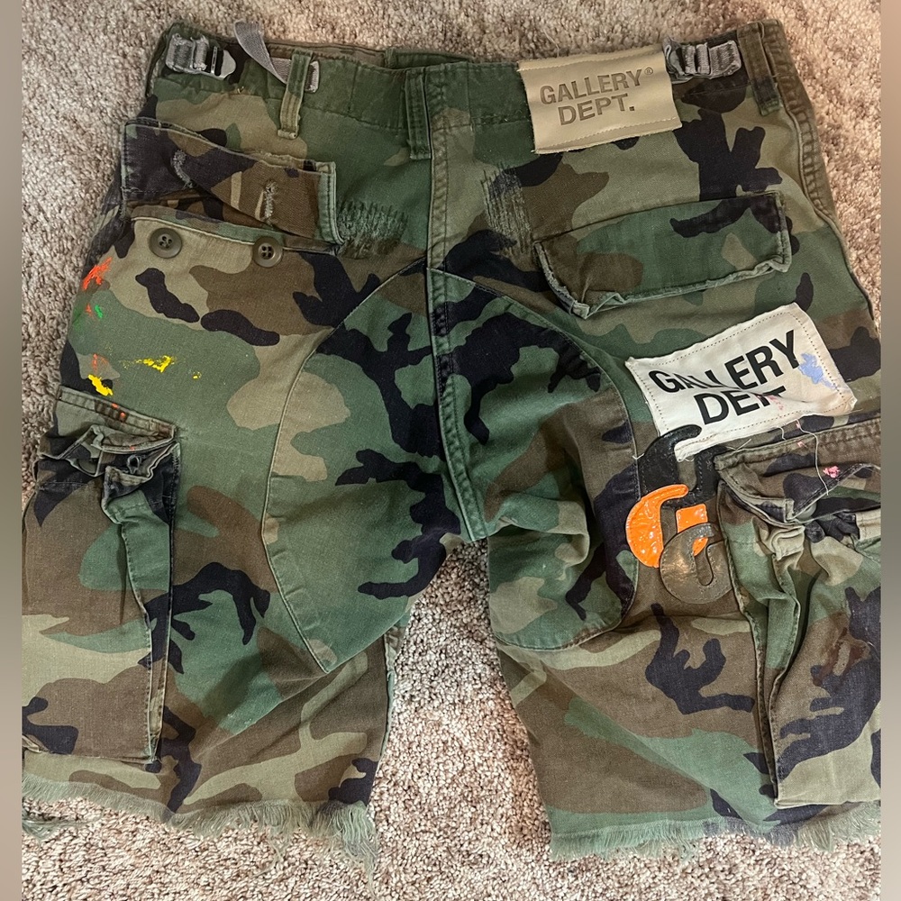 Gallery Dept Green Camo Cargo Shorts with Painterly Paint Accents